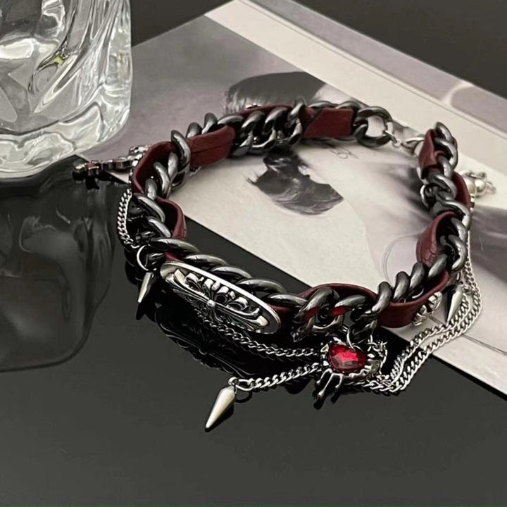 Metal tag heart rivet PU leather choker necklace  | Festival Outfits Women