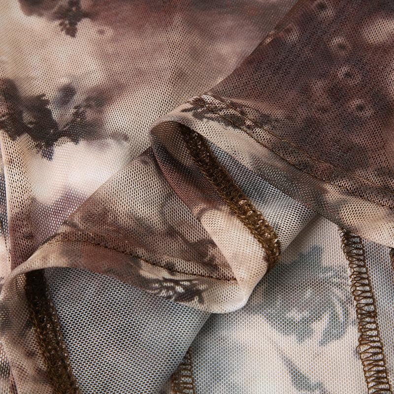 Short sleeve tie dye button sheer mesh top-final-sale