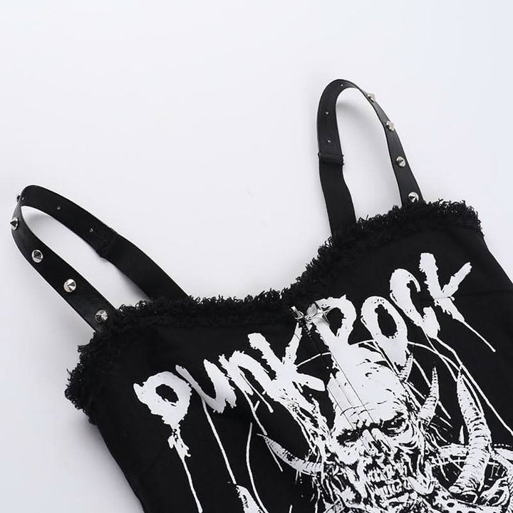 Zip-up letter print rivet applique raw hem cami top  | Festival Outfits Women