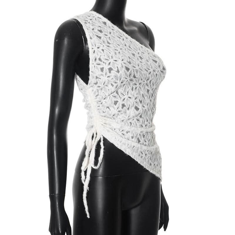 One shouler drawstring lace fluffy top  | Festival Outfits Women