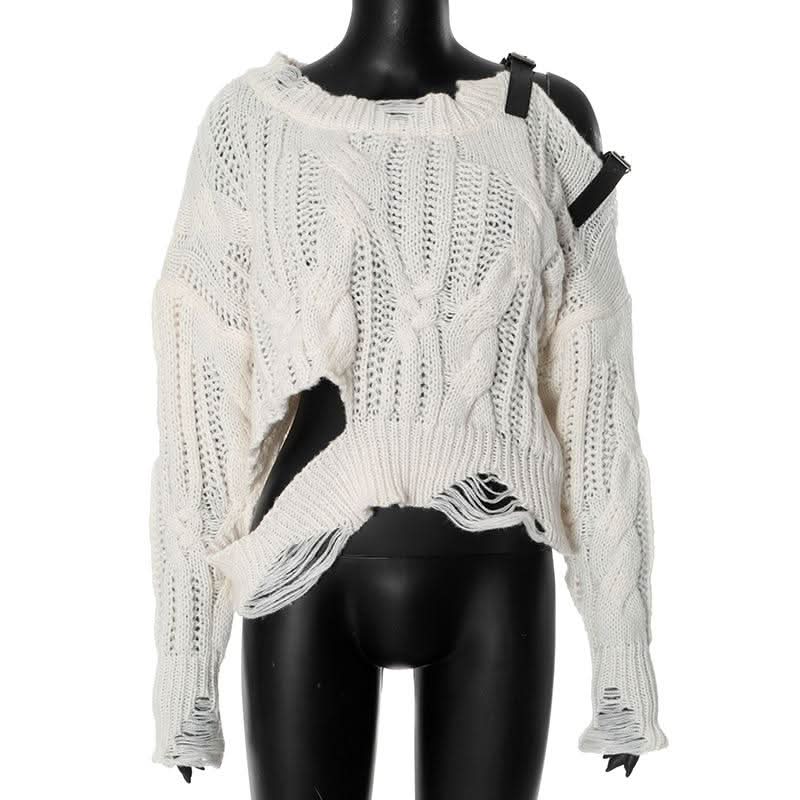 Long sleeve buckle knitted hollow out cut out top  | Festival Outfits Women-final-sale