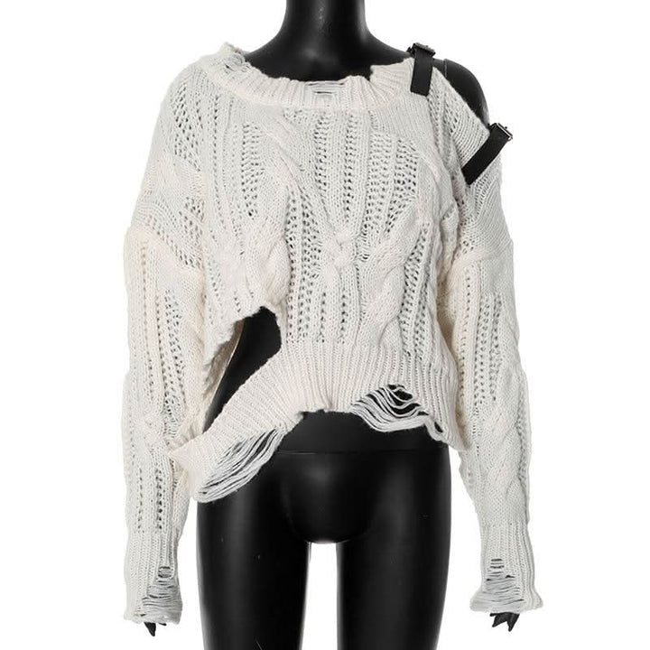 Long sleeve buckle knitted hollow out cut out top  | Festival Outfits Women-final-sale
