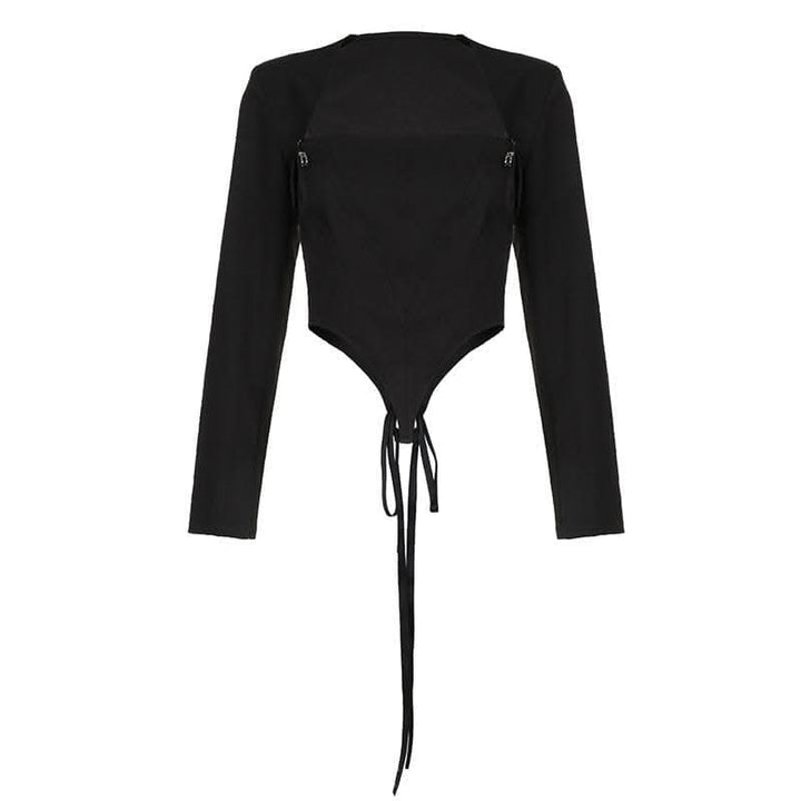 Safety pin applique lace up long sleeve solid crop top-final-sale  | Festival Outfits Women