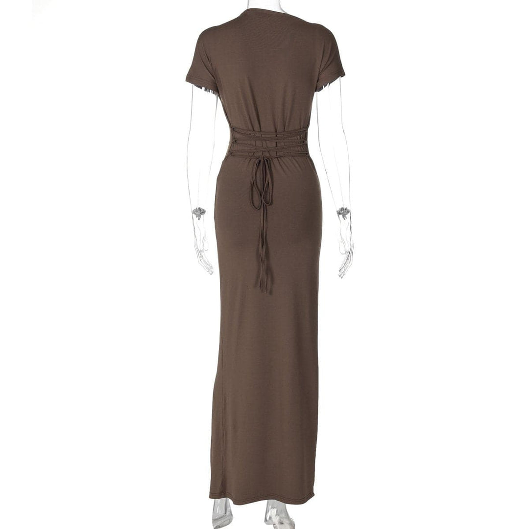 Short sleeve ruched lace up maxi dress  | Festival Outfits Women