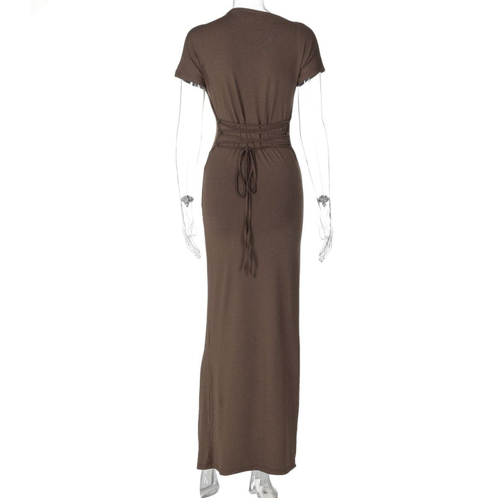 Short sleeve ruched lace up maxi dress  | Festival Outfits Women