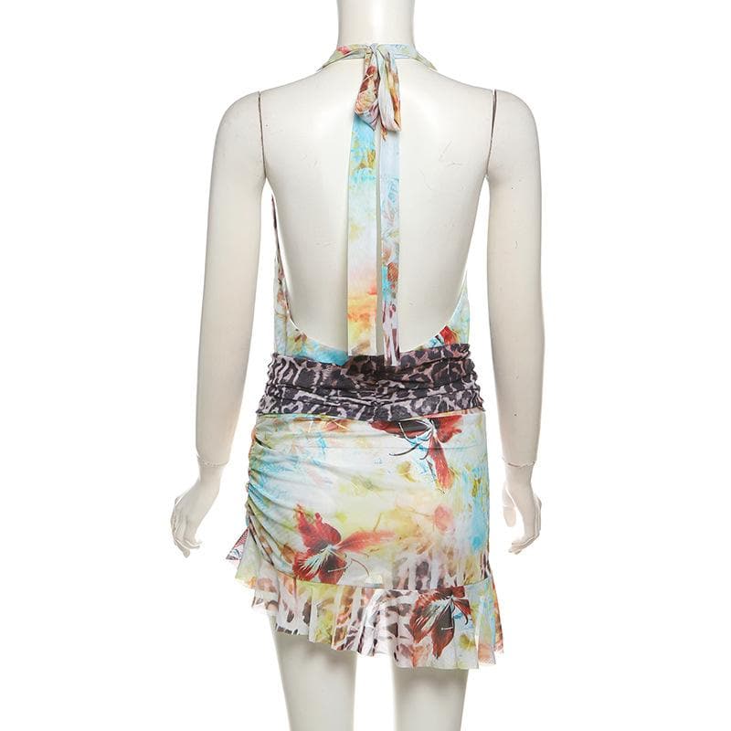 Irregular halter deep V neck print sheer mesh mini dress  | Festival Outfits Women-final-sale