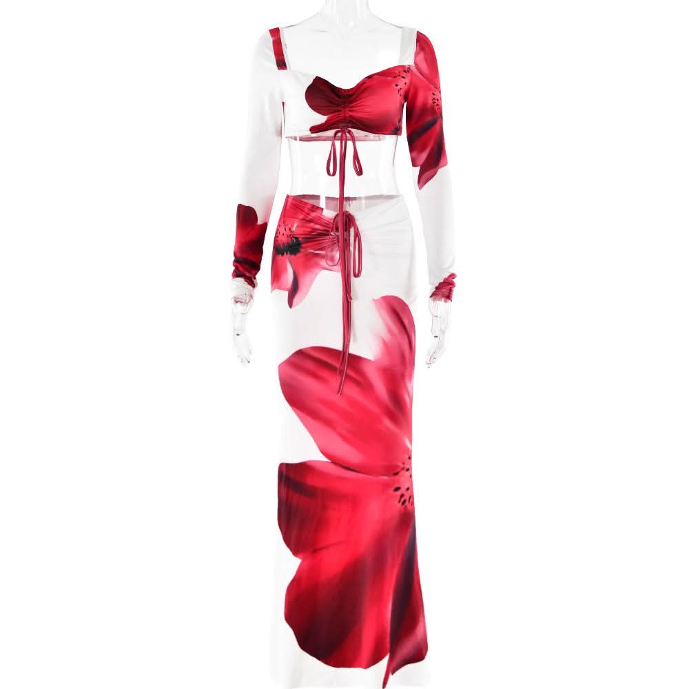 Long sleeve ruched drawstring print slit maxi skirt set  | Festival Outfits Women
