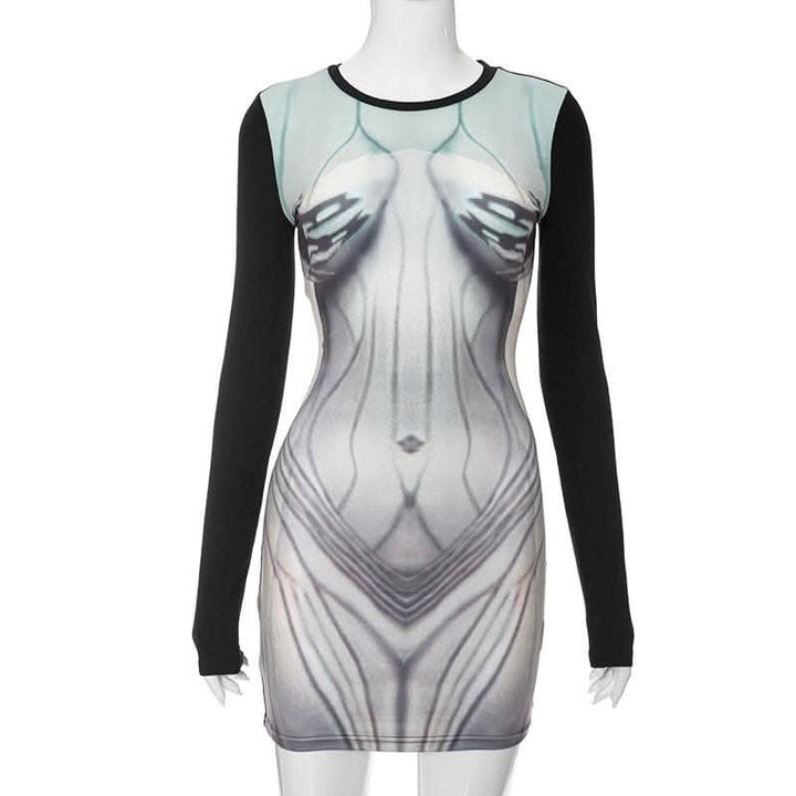 Body print contrast long sleeve round neck mini dress-final-sale  | Festival Outfits Women