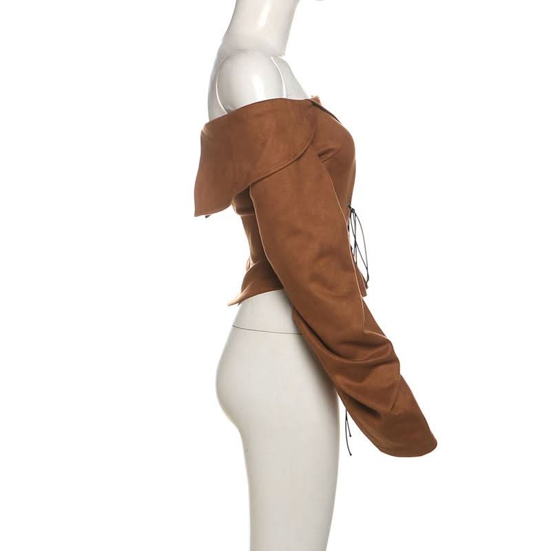Off shoulder long sleeve lace up zip-up top  | Festival Outfits Women