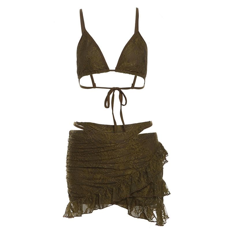 Lace ruffle cami 3 piece mini skirt set  | Festival Outfits Women