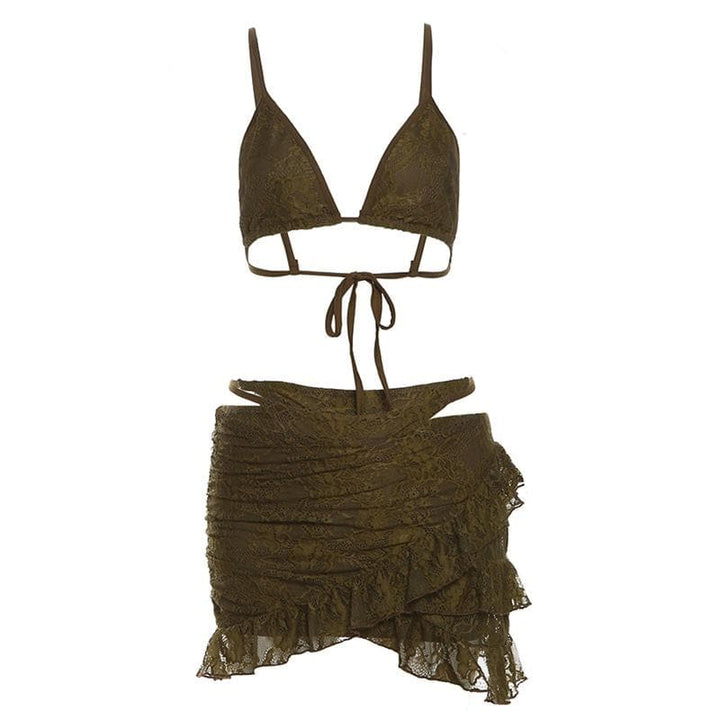 Lace ruffle cami 3 piece mini skirt set  | Festival Outfits Women