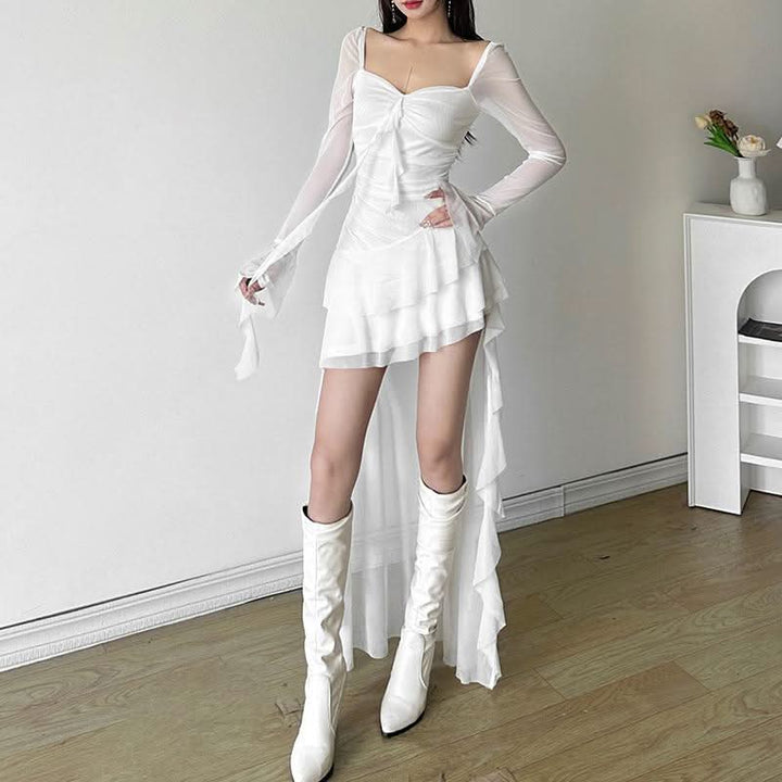 Long flared sleeve irregular mesh ruched mini dress  | Festival Outfits Women