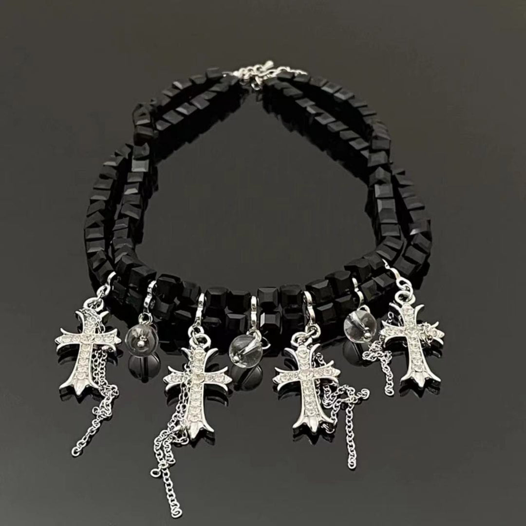 Black beaded cross pendant choker necklace  | Festival Outfits Women