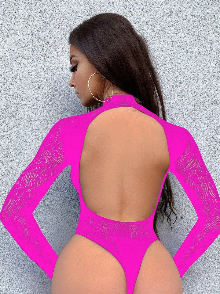 Long sleeve high neck backless lace fishnet bodysuit  | Festival Outfits Women
