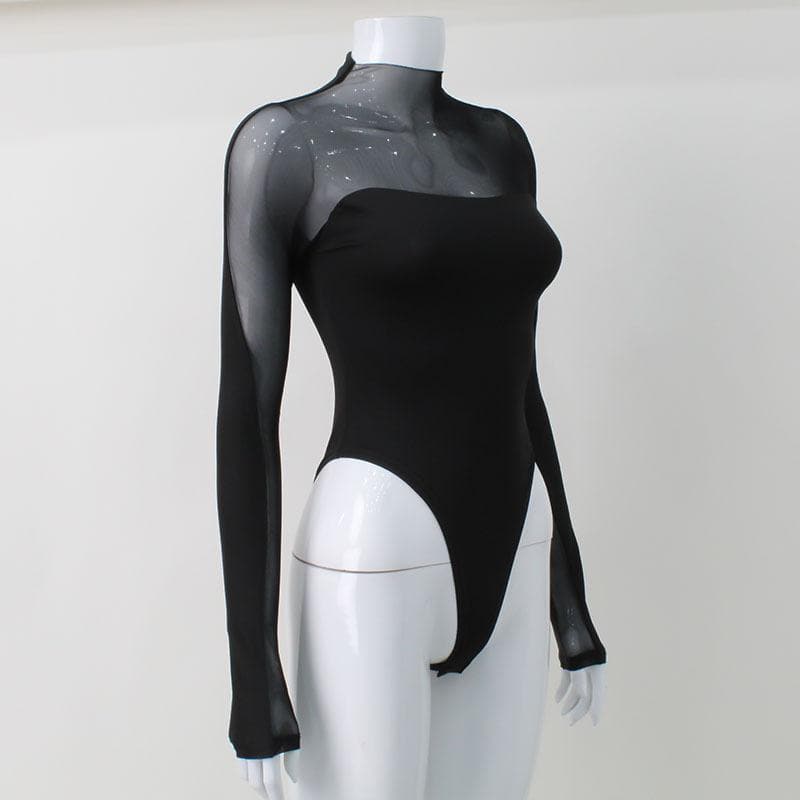 Long sleeve high neck mesh patchwork bodysuit  | Festival Outfits Women