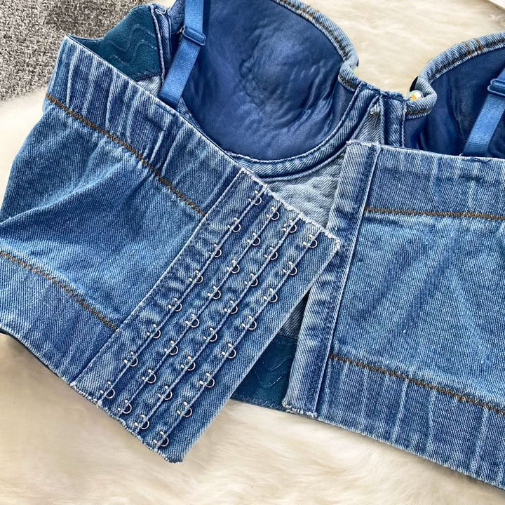 Beaded denim v neck backless cami top  | Festival Outfits Women