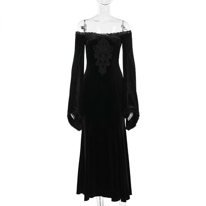 Off shoulder long flared sleeve velvet embroidery maxi dress-final-sale