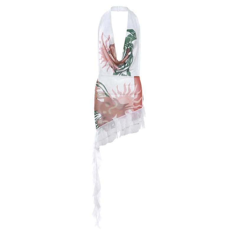 Abstract contrast cowl neck halter backless irregular mini dress-final-sale  | Festival Outfits Women