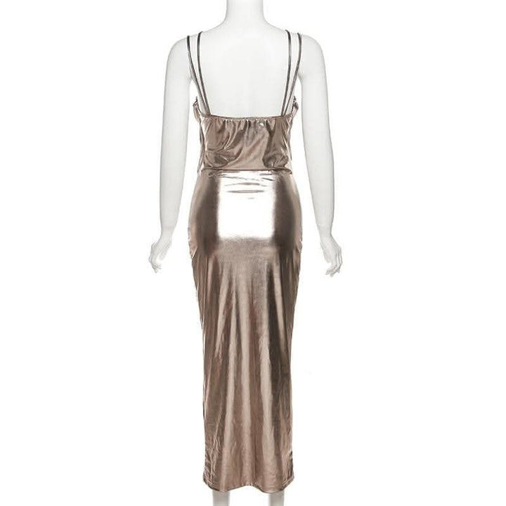 Metallic ruched backless patchwork solid midi dress- Final Sale  | Festival Outfits Women
