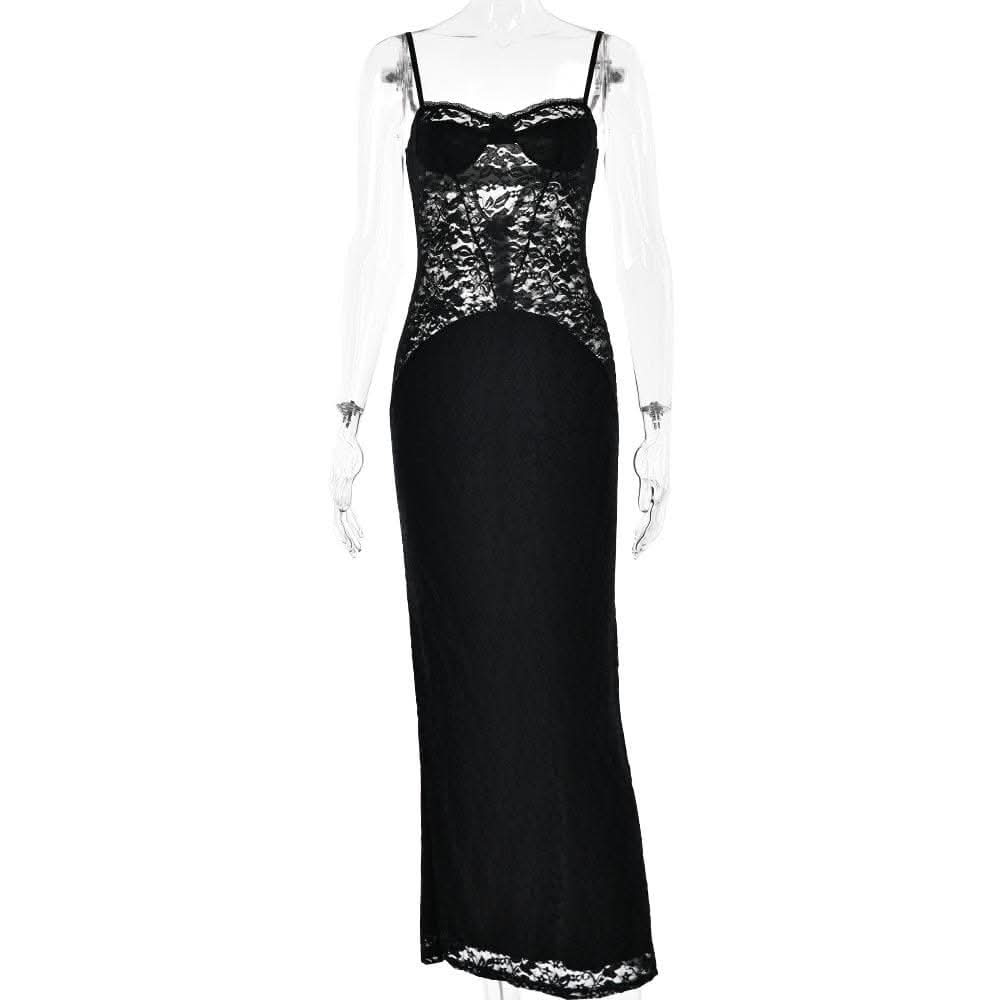 Button slit zip-up solid lace low cut maxi dress-final-sale  | Festival Outfits Women