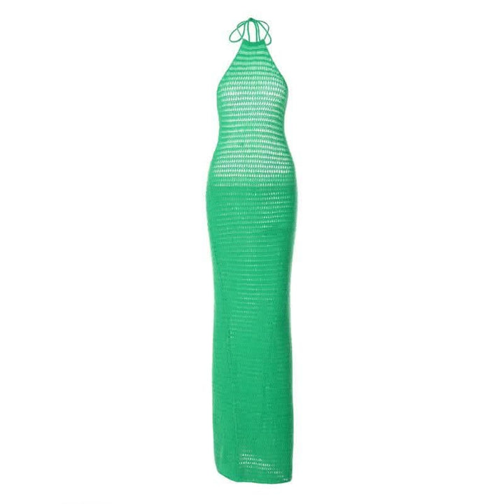 Crochet solid halter backless self tie maxi dress-final-sale  | Festival Outfits Women
