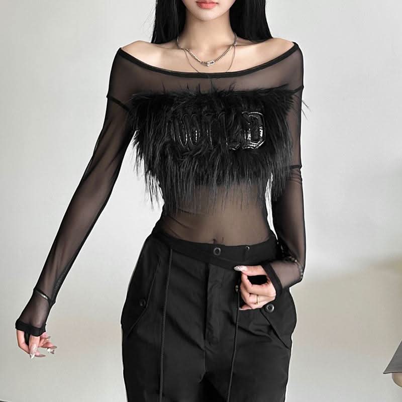 Long sleeve off shoulder feather letter embroidery top  | Festival Outfits Women