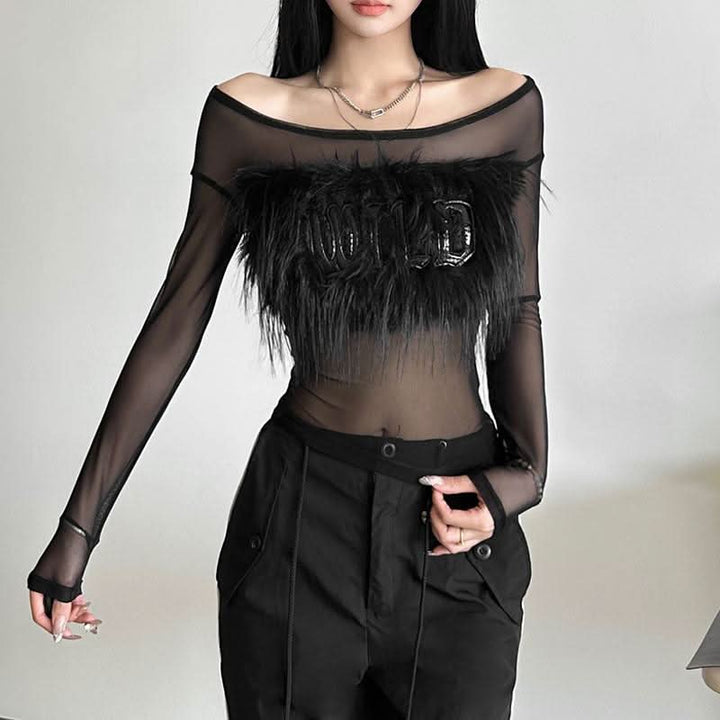Long sleeve off shoulder feather letter embroidery top  | Festival Outfits Women