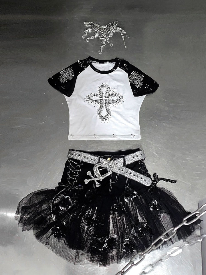 Cross pattern beaded mesh flower applique short pant set  | Festival Outfits Women
