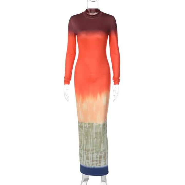 Tie dye print long sleeve high neck contrast maxi dress-final-sale  | Festival Outfits Women