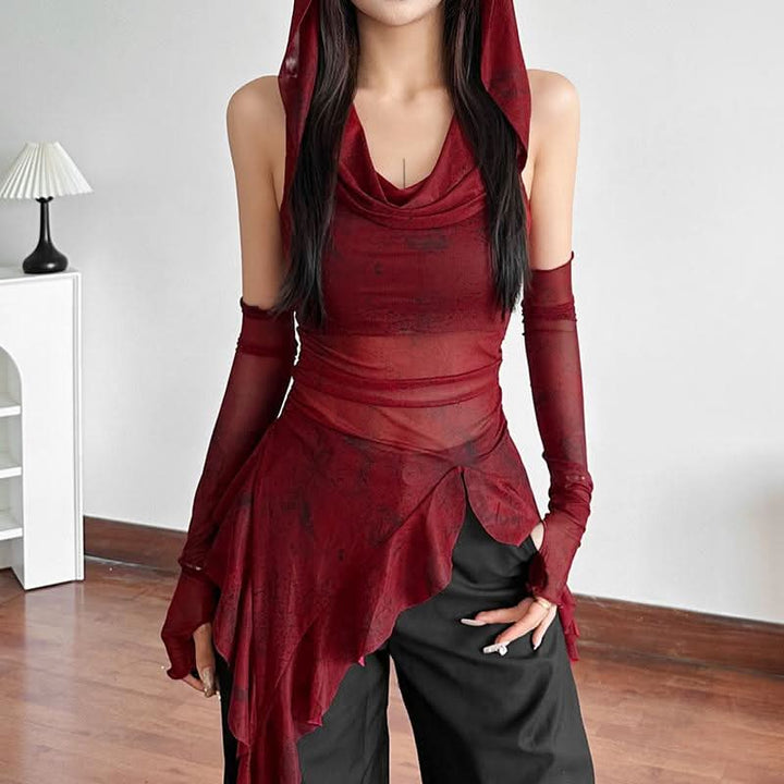 Hoodie cowl neck irregular gloves sheer mesh top  | Festival Outfits Women