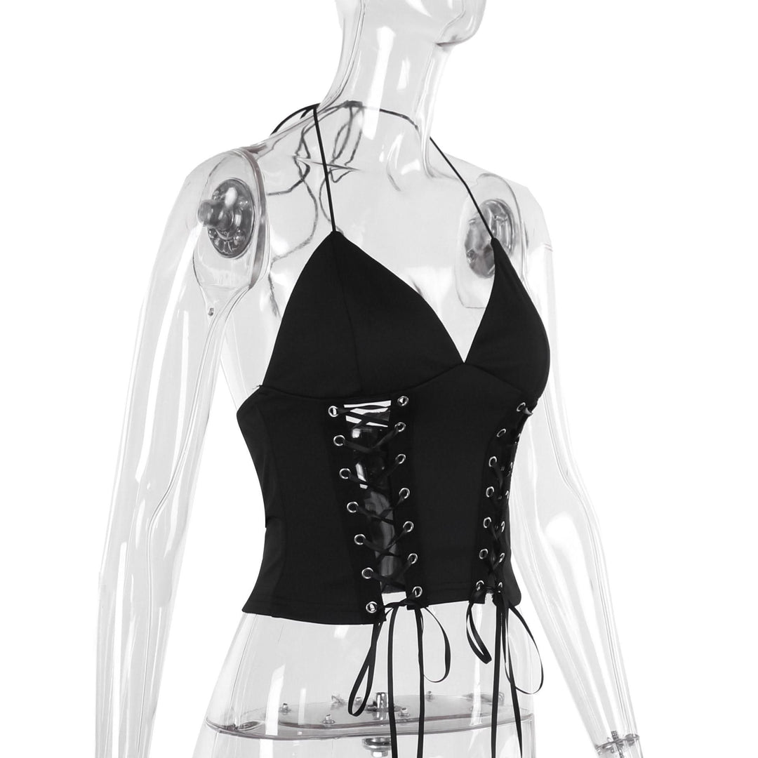Halter self tie v neck lace up backless solid top  | Festival Outfits Women
