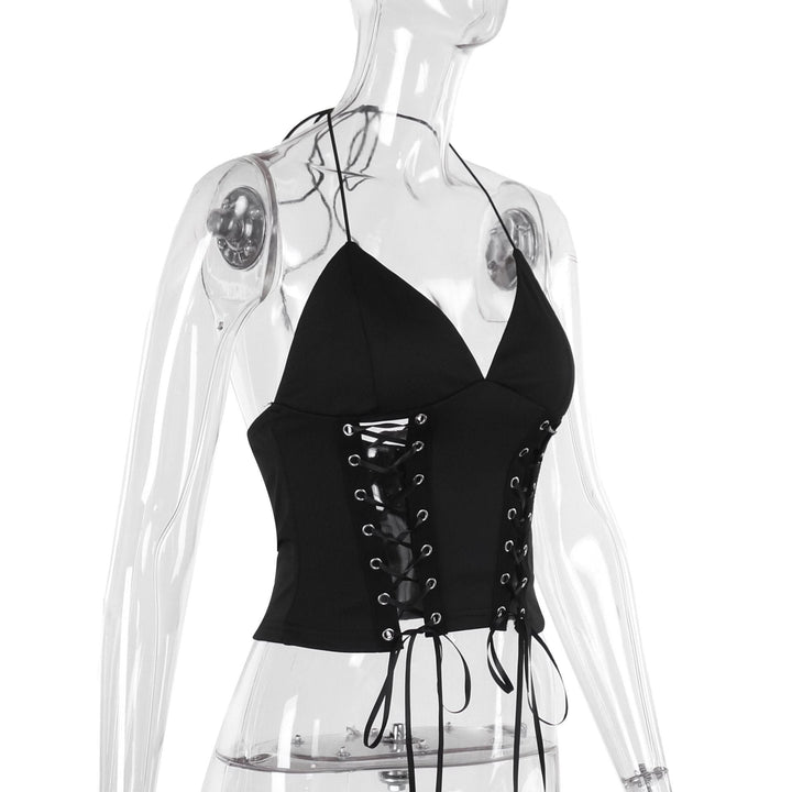 Halter self tie v neck lace up backless solid top  | Festival Outfits Women