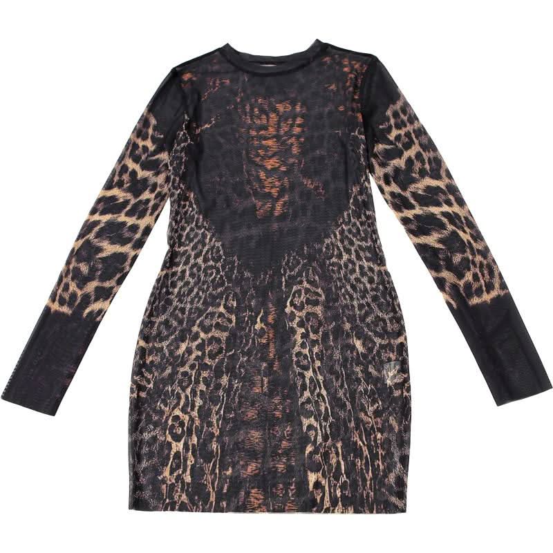 Crewneck long sleeve leopard print mesh mini dress  | Festival Outfits Women  | Leopard Print Mini Dress