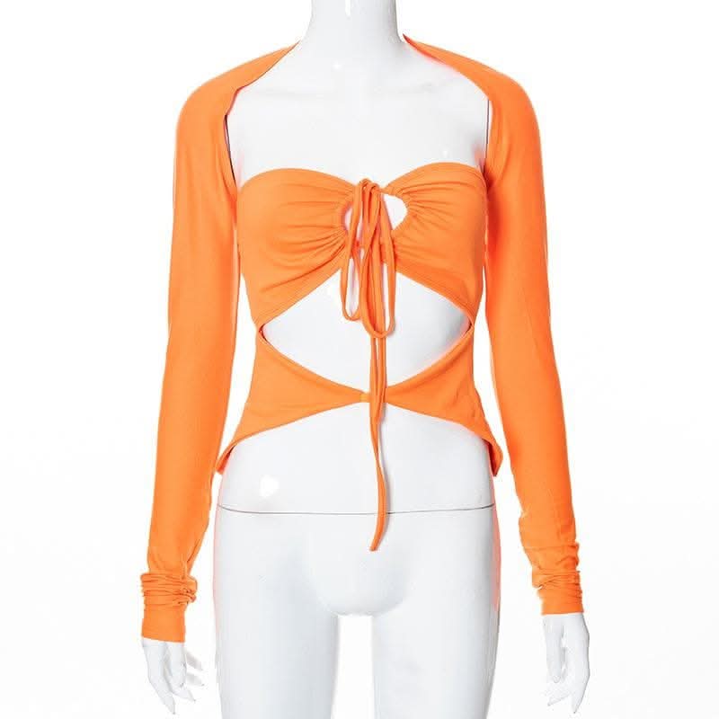 Drawstring hollow out button solid 2 piece shrug tube cut out top-final-sale  | Festival Outfits Women