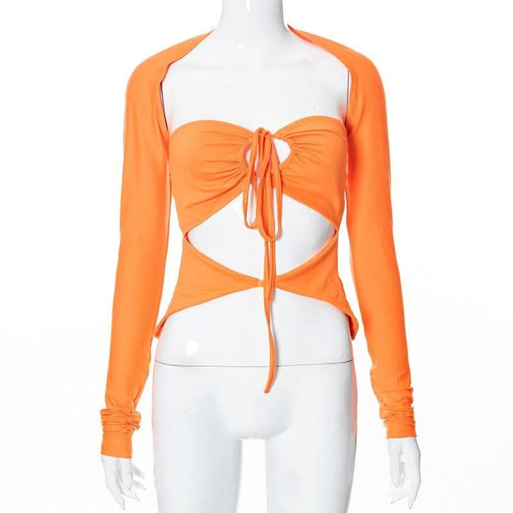 Drawstring hollow out button solid 2 piece shrug tube cut out top-final-sale  | Festival Outfits Women