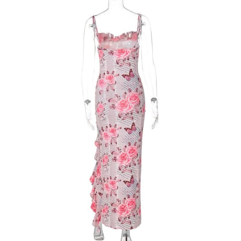 Cowl neck ruffle slit butterfly print cami maxi dress-final-sale  | Festival Outfits Women