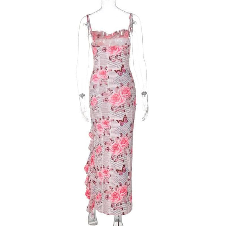 Cowl neck ruffle slit butterfly print cami maxi dress-final-sale  | Festival Outfits Women
