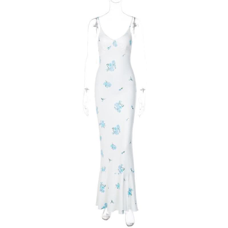 Flower print contrast v neck ruched cami maxi dress-final-sale