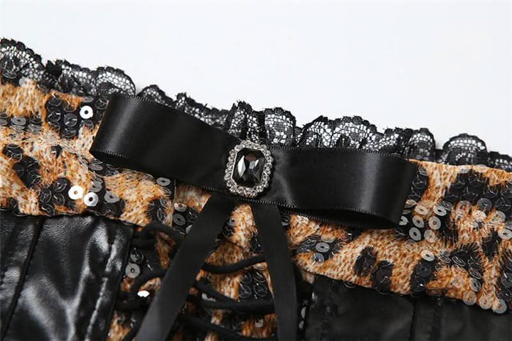 PU leather patchwork leopard print glitter lace up mini dress  | Festival Outfits Women  | Leopard Print Mini Dress