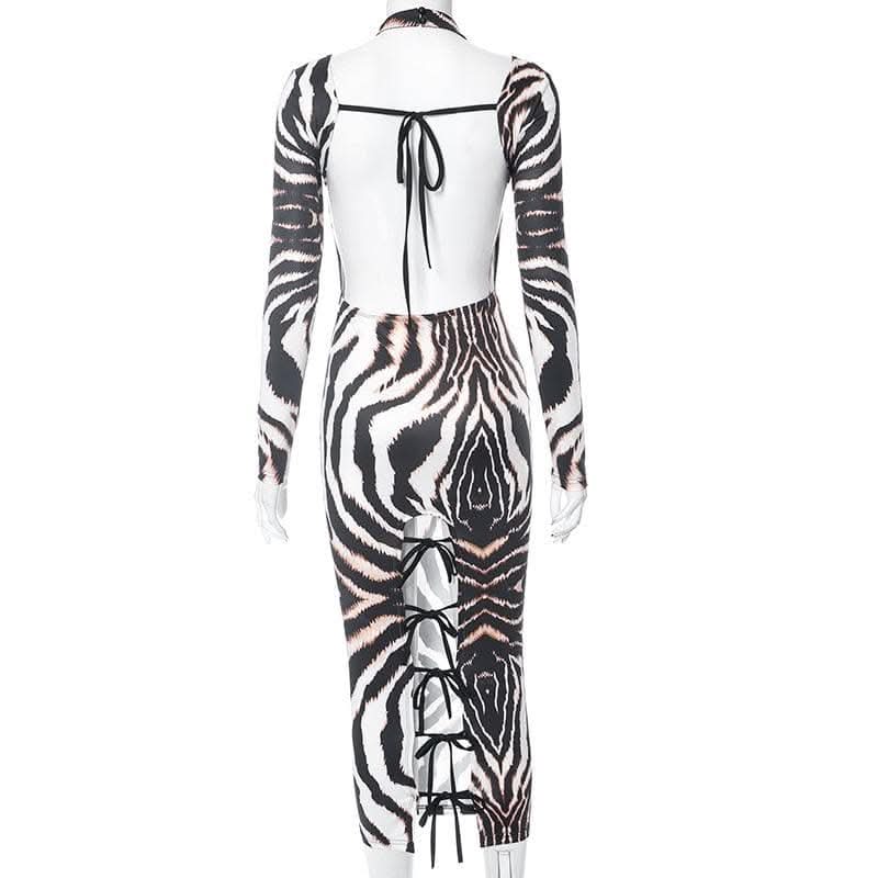 Backless self tie long sleeve tiger print contrast midi dress-final-sale  | Festival Outfits Women