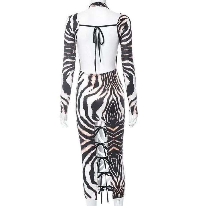 Backless self tie long sleeve tiger print contrast midi dress-final-sale  | Festival Outfits Women