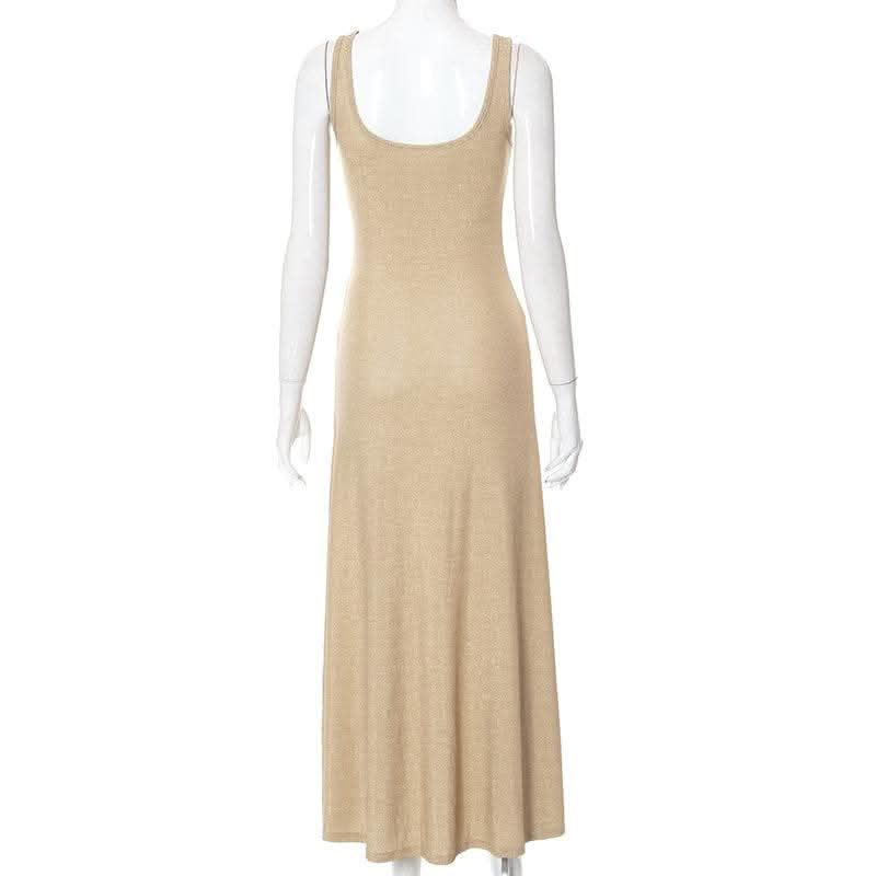 Textured solid sleeveless ruffle u neck maxi dress-final-sale  | Festival Outfits Women