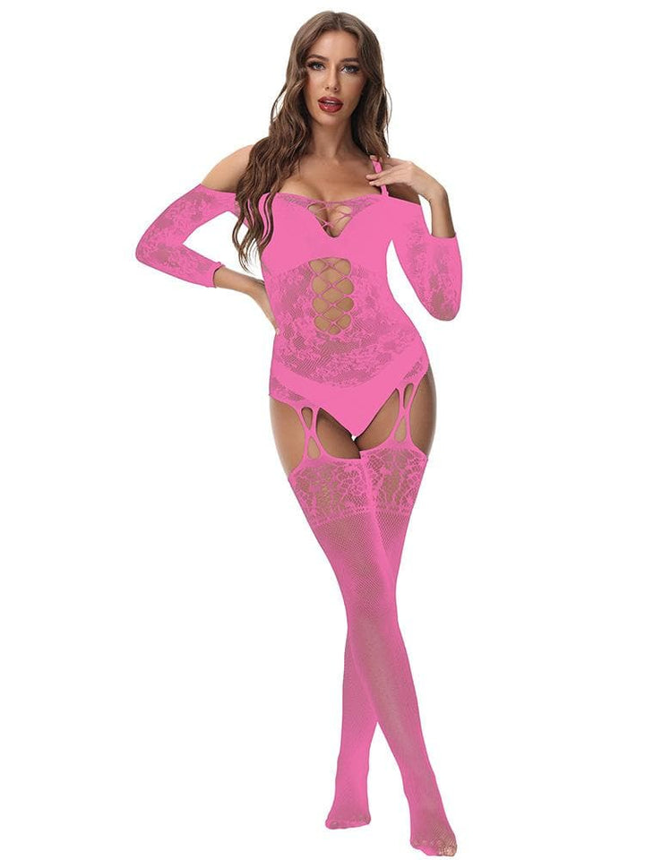 Long sleeve off shoulder lace fishnet strappy bodystocking  | Festival Outfits Women