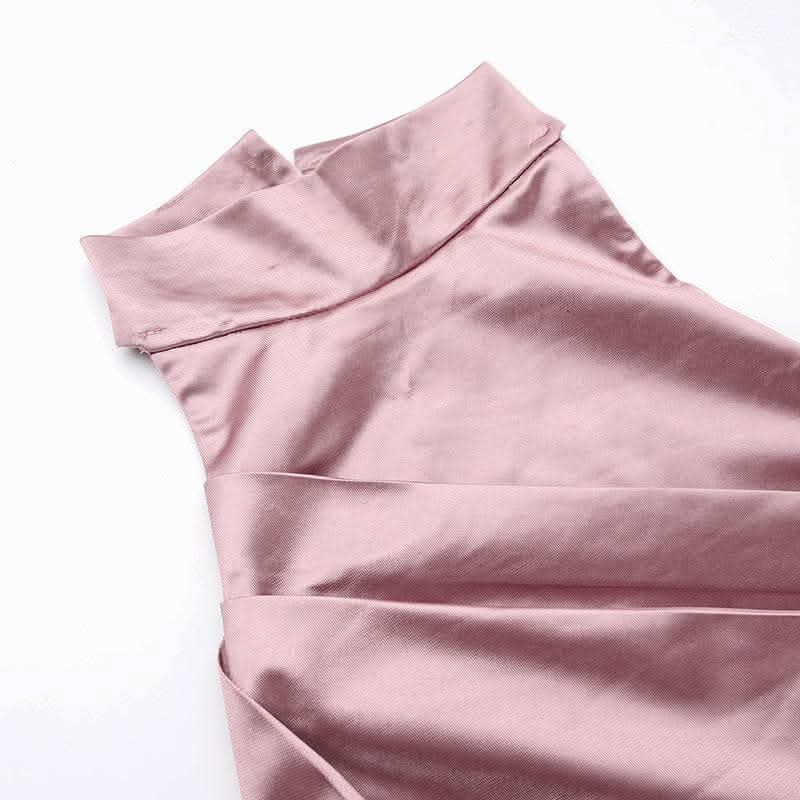 Ruched solid satin zip-up halter backless slit maxi dress-final-sale  | Festival Outfits Women