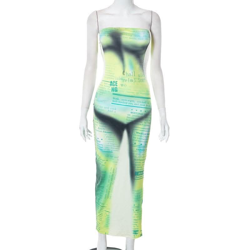 Letter print contrast slit backless sleeveless tube maxi dress-final-sale  | Festival Outfits Women