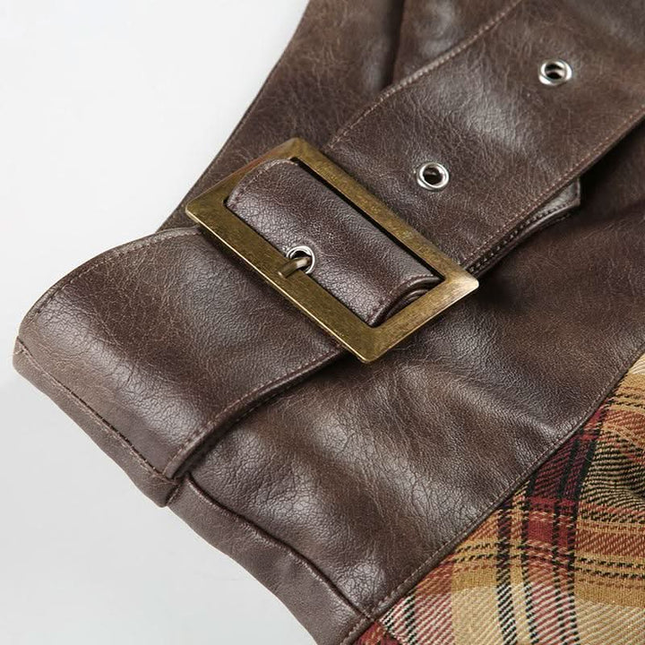 PU leather plaid patchwork belt lace hem mini skirt Cargo Mini Skirt  | Festival Outfits Women