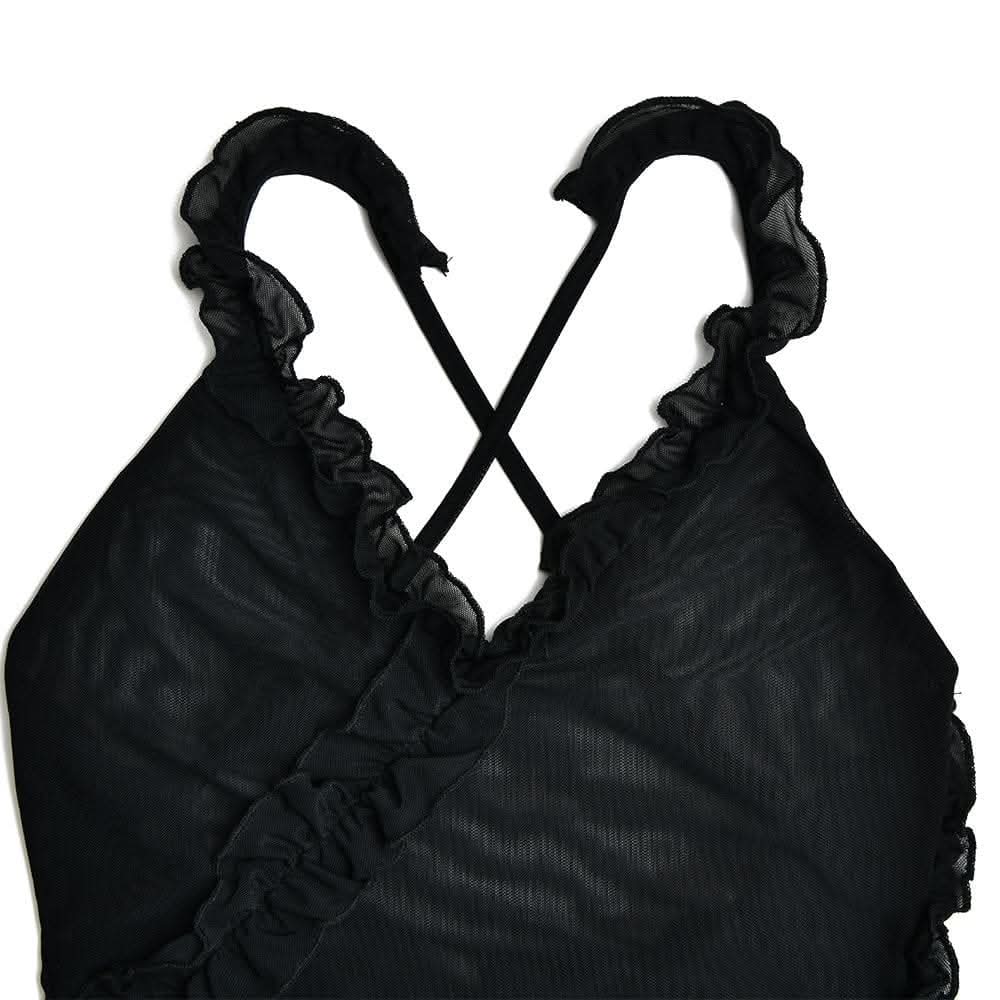 Sheer mesh see through ruffle solid cross back irregular mini dress-final-sale  | Festival Outfits Women