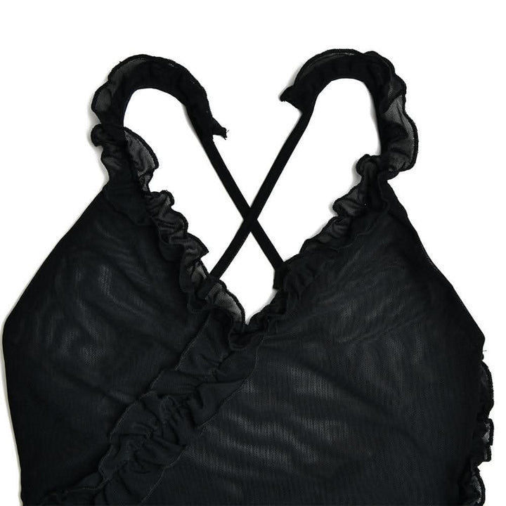 Sheer mesh see through ruffle solid cross back irregular mini dress-final-sale  | Festival Outfits Women