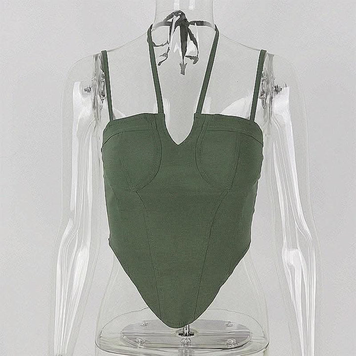 Solid halter notch neck self tie backless cami crop top-final-sale  | Festival Outfits Women