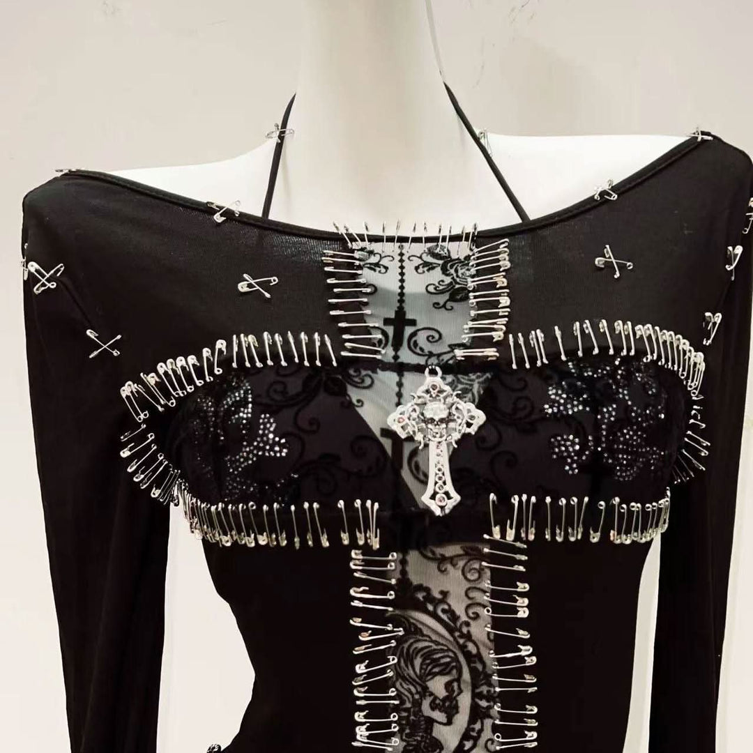 Long sleeve beaded pin applique print top  | Festival Outfits Women